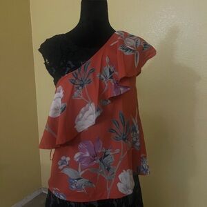 W5 Floral Ruffle One-Shoulder Blouse - Orange and Black